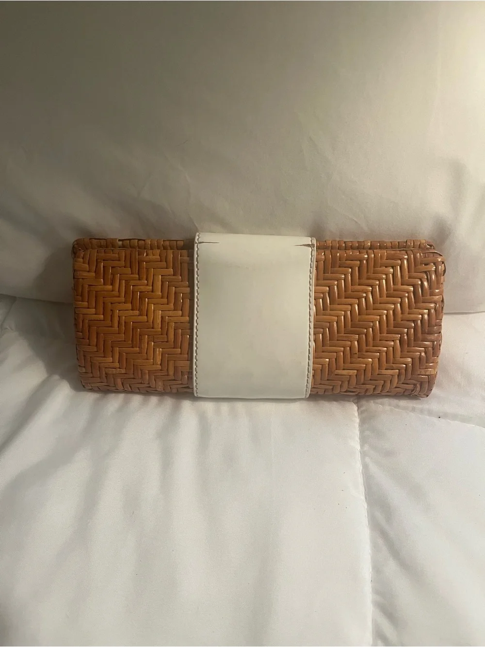 Tory Burch Tan Woven Straw Clutch with White Leather Logo Strap